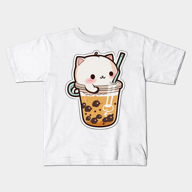 Cute Cat Drinking Bubble Tea Cartoon Boba Drawing Kids T-Shirt by kiddo200